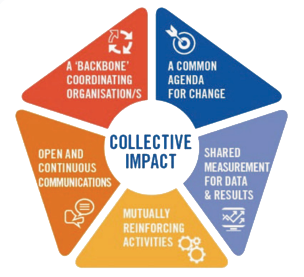 Collective Impact - a backbone coordinating organization/s, a common agenda for change, open and continuous communications, mutually reinforcing activities, shared measurement for data and results